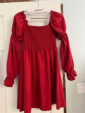 Red Puff Sleeve Smocked Bodice Mini Dress